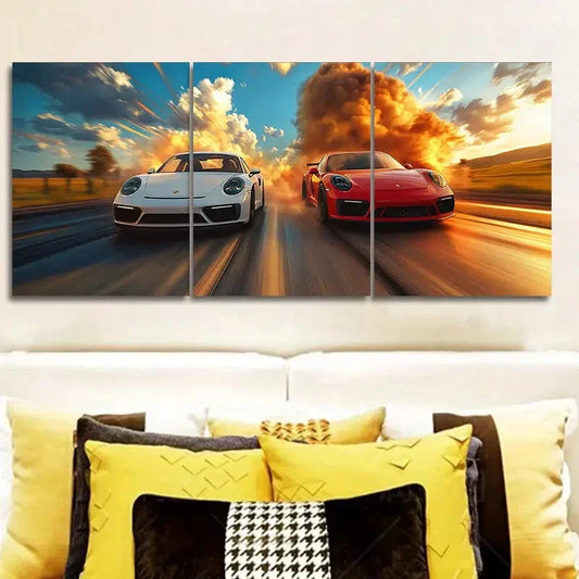 3pcs Red & White Sports Cars Racing Metal Print Ready to Hang Art