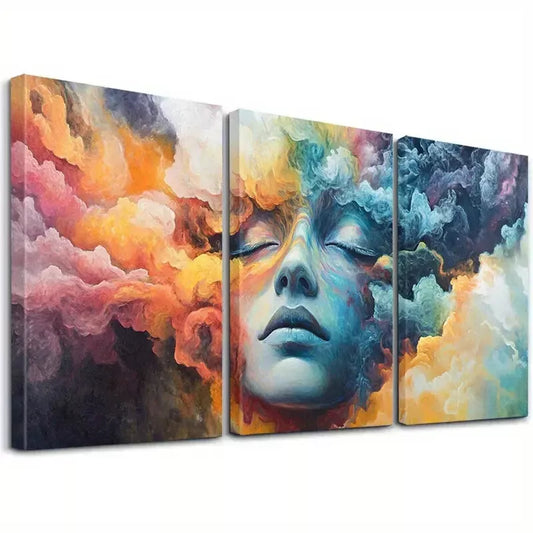 3pcs Modern Ethereal Clouds & Woman'S Face Wall Art Set Canvas Framed 40x60cm - High Quality Print 100% Australian Made Wall Canvas Ready to Hang