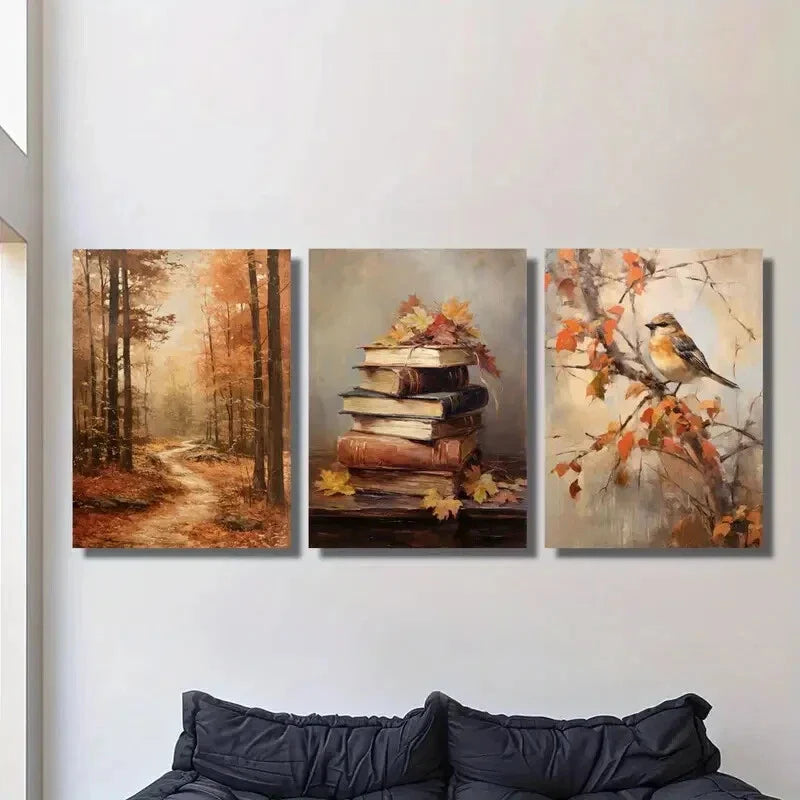 3pcs European Realistic Autumn Scenery, Metal Print Ready to Hang Art
