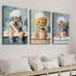 3pcs Cute Wolf Cheetah Tiger in Bubble Bath Wall Art Set Canvas Framed 40x60cm - High Quality Print 100% Australian Made Wall Canvas Ready to Hang
