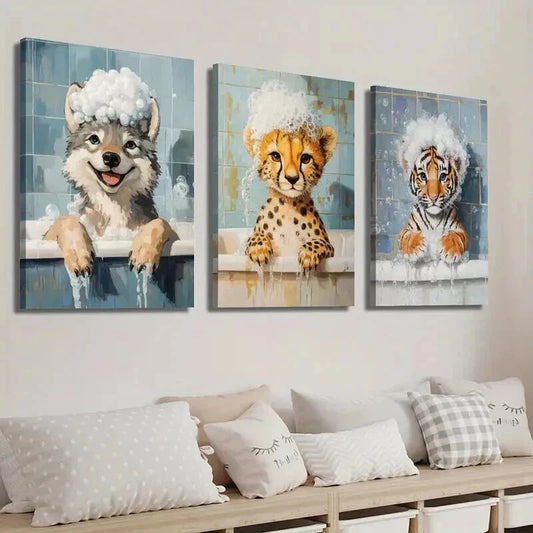 3pcs Cute Wolf Cheetah Tiger in Bubble Bath Wall Art Set Canvas Framed 40x60cm - High Quality Print 100% Australian Made Wall Canvas Ready to Hang