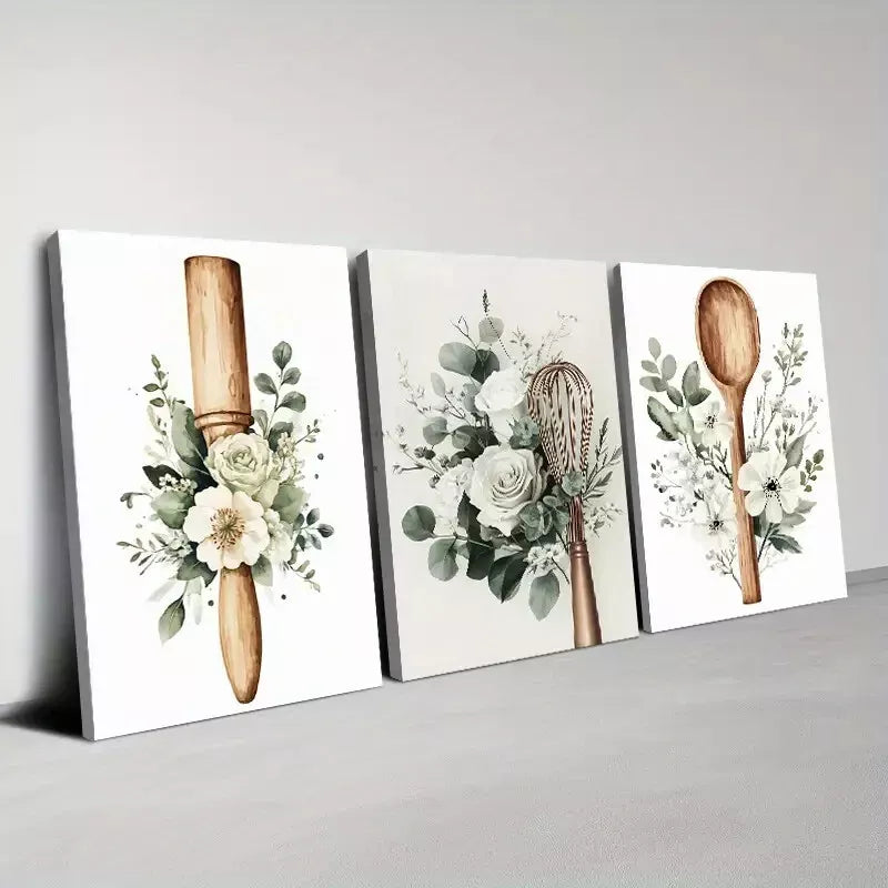 3pcs Beautiful Charming White Floral Kitchenware Wall Art Set Canvas Framed 40x60cm - High Quality Print 100% Australian Made Wall Canvas Ready to Hang