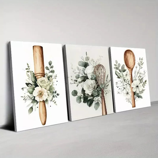 3pcs Beautiful Charming White Floral Kitchenware Wall Art Set Canvas Framed 40x60cm - High Quality Print 100% Australian Made Wall Canvas Ready to Hang