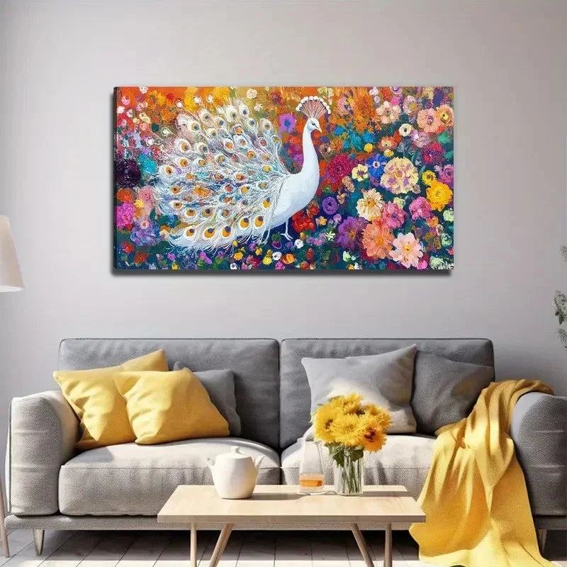 A Delightful Peacock Wall Art Canvas Office Home Room Framed 120x60cm