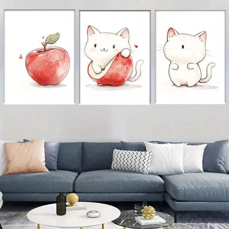 3pcs Adorable Cat and Apple Watercolor l Wall Art Set Canvas Framed 40x60cm - High Quality Print 100% Australian Made Wall Canvas Ready to Hang