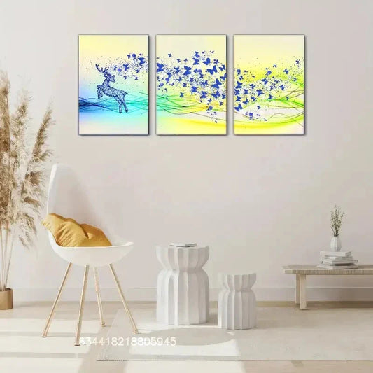 3pcs Sika Deer & Butterfly Art Print Metal Print Ready to Hang Art