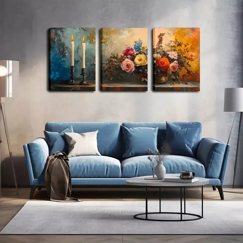 3pcs Picture, Two Slender Candles And Flowers   Wall Art Set Canvas Framed 40x60cm - High Quality Print 100% Australian Made Wall Canvas Ready to Hang