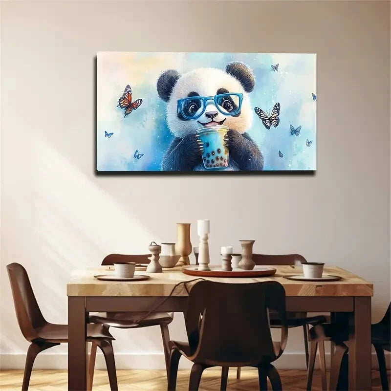 Adorable Panda Blue Glasses Wall Art Canvas Office Home Room Framed 120x60cm