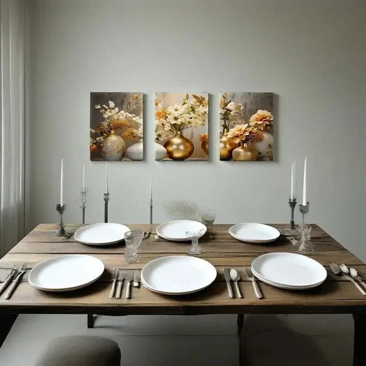 3pcs  Golden and White Flowers  Painting Metal Print Ready to Hang Art