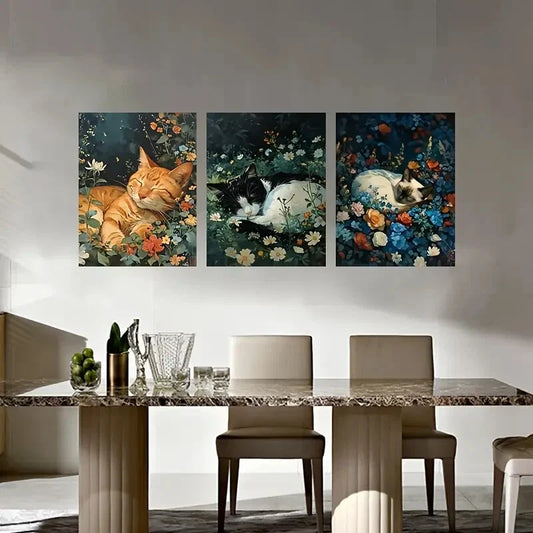 3pcs Whimsical Cat & Floral Botanical Illustration Metal Print Ready to Hang Art