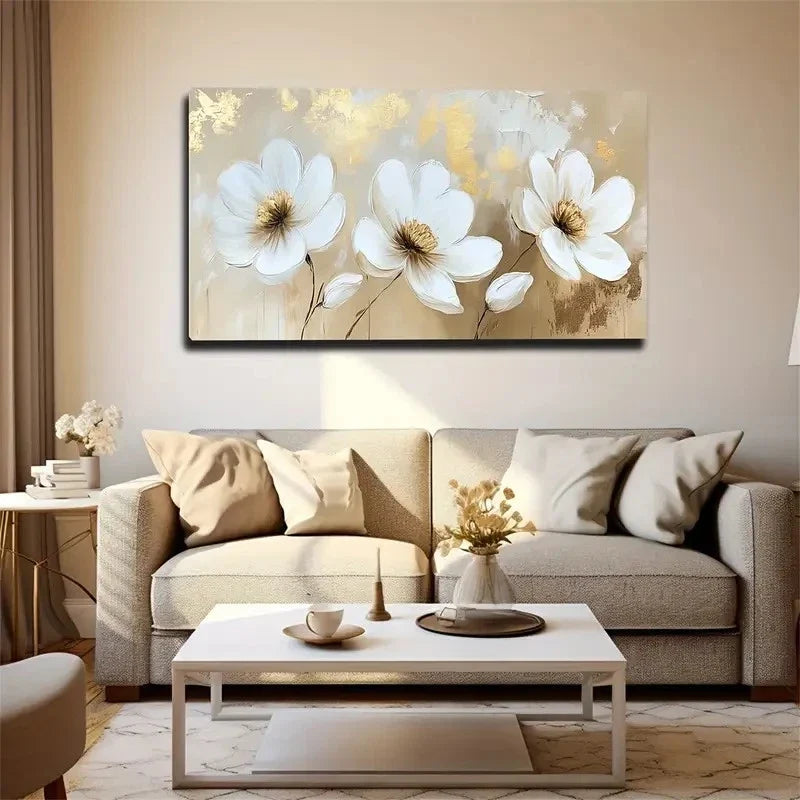 Three White Flower Golden Petal Wall Art Canvas Office Home Room Framed 80x45cm