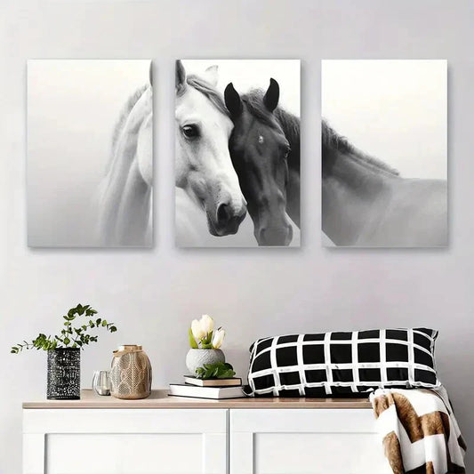 3pcs Black and White Horse Modern Classic Metal Print Ready to Hang Art