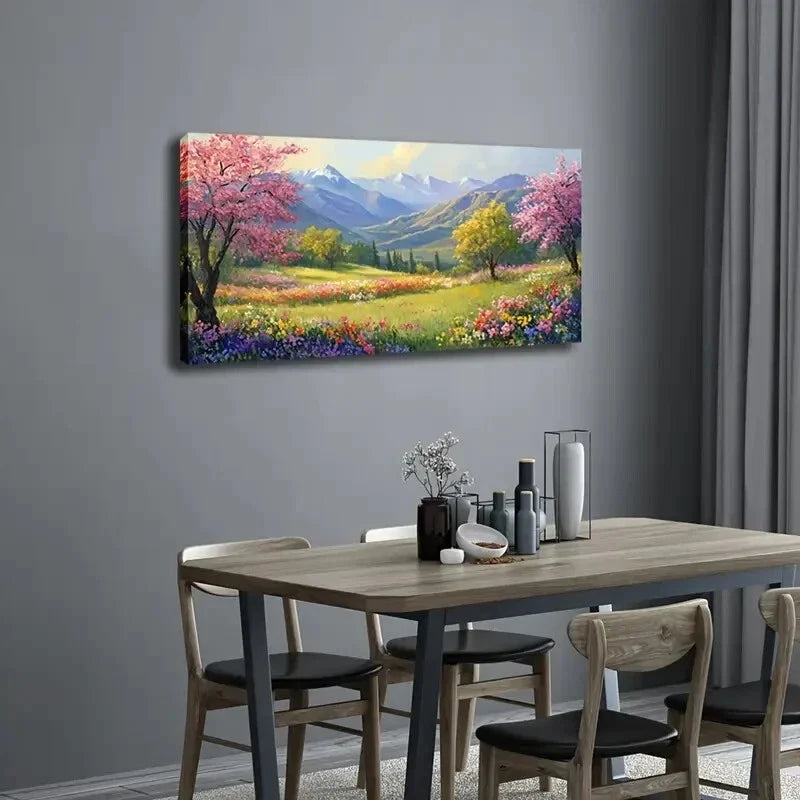 Blooming Flowers on Green Grass Wall Art Canvas Office Home Room Framed 120x60cm