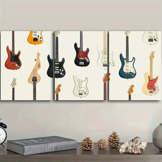 3pcs Guitar illustration Art Painting Metal Print Ready to Hang Art