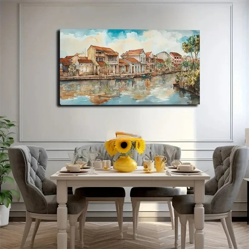 Serene River Scene Nordic Wall Art Canvas Office Home Room Framed 80x45cm