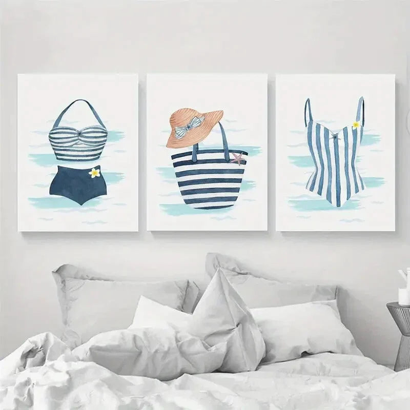 3pcs Vintage Swimsuit Bathing Design Metal Print Ready to Hang Art