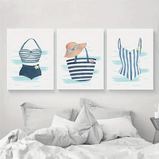3pcs Vintage Swimsuit Bathing Design Metal Print Ready to Hang Art