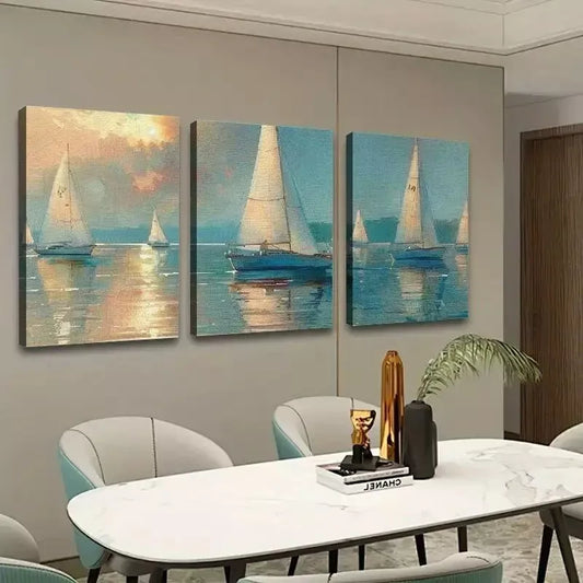 3pcs Sailboats Water Sky Canvas Framed 40x60cm - High Quality Print 100% Australian Made Wall Canvas Ready to Hang