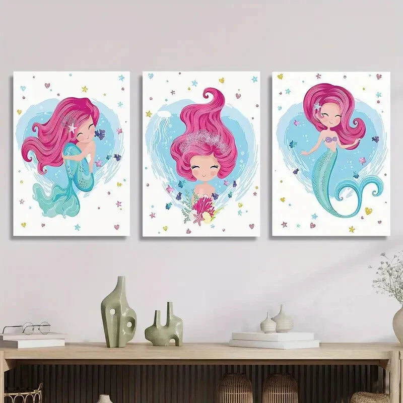 3pcs Pink Hair, Light Blue Body, Cartoon Metal Print Ready to Hang Art