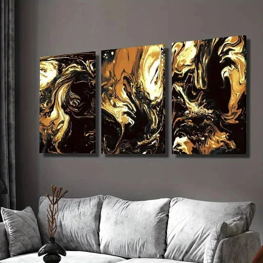 3pcs Luxurious Black & Golden Marble Design Wall Art Set Canvas Framed 40x60cm - High Quality Print 100% Australian Made Wall Canvas Ready to Hang