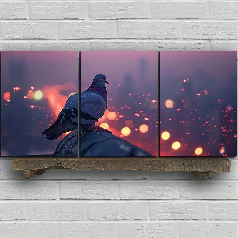3pcs Urban Pigeon Cityscape Lights Metal Print Ready to Hang Art