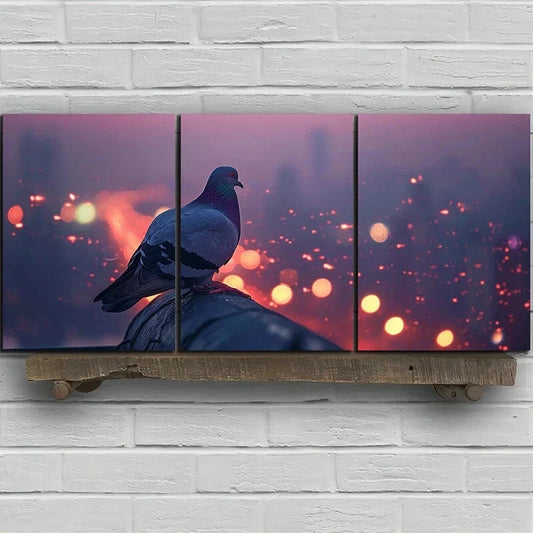 3pcs Urban Pigeon Cityscape Lights Metal Print Ready to Hang Art