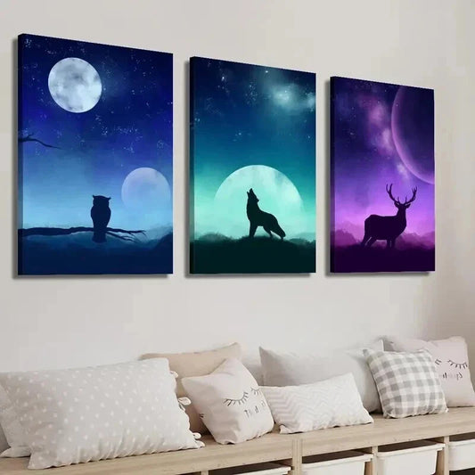 3pcs Moon Starry Sky Animal Owl Wolf and Deer Wall Art Set Canvas Framed 40x60cm - High Quality Print 100% Australian Made Wall Canvas Ready to Hang
