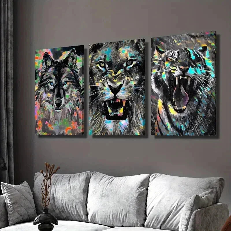 3pcs Wolf Lion and Tiger Head Portraits Wall Art Set Canvas Framed 40x60cm - High Quality Print 100% Australian Made Wall Canvas Ready to Hang