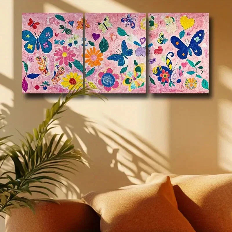 3pcs Vibrant Butterfly & Floral Design Metal Print Ready to Hang Art