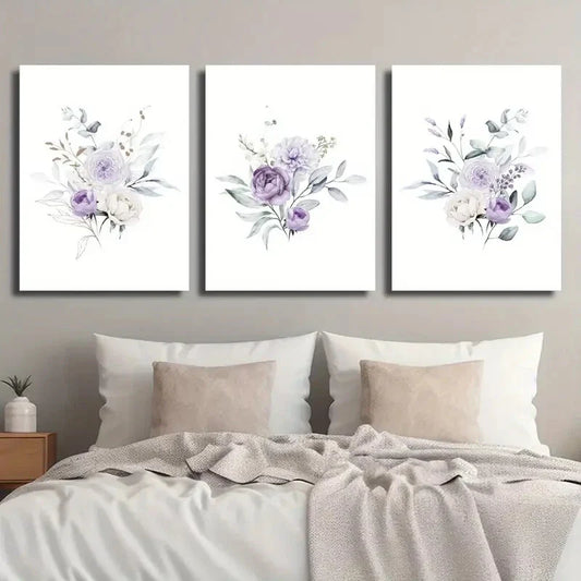 3pcs Plant Flower Purple Flower Style Bouquet Metal Print Ready to Hang Art