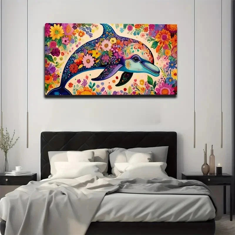 Flower Patterns A Dolphin Wall Art Canvas Office Home Room Framed 80x45cm