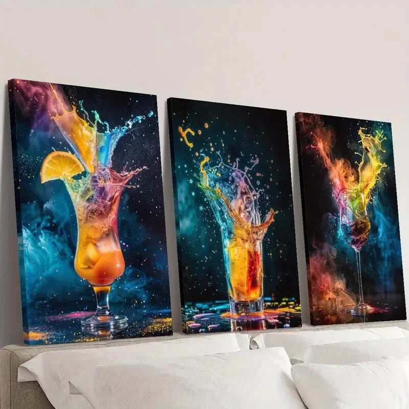 3pcs  Colorful Drink Splashes, Starry Night Wall Art Set Canvas Framed 40x60cm - High Quality Print 100% Australian Made Wall Canvas Ready to Hang