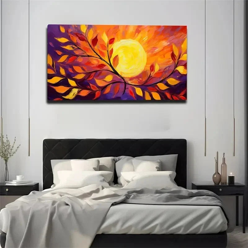 Vibrant Autumn Leaves Sun Wall Art Canvas Office Home Room Framed 80x45cm
