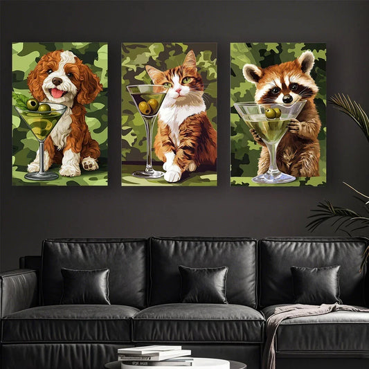 3pcs Fashionable Animal And Wine Glass Design Metal Print Ready to Hang Art
