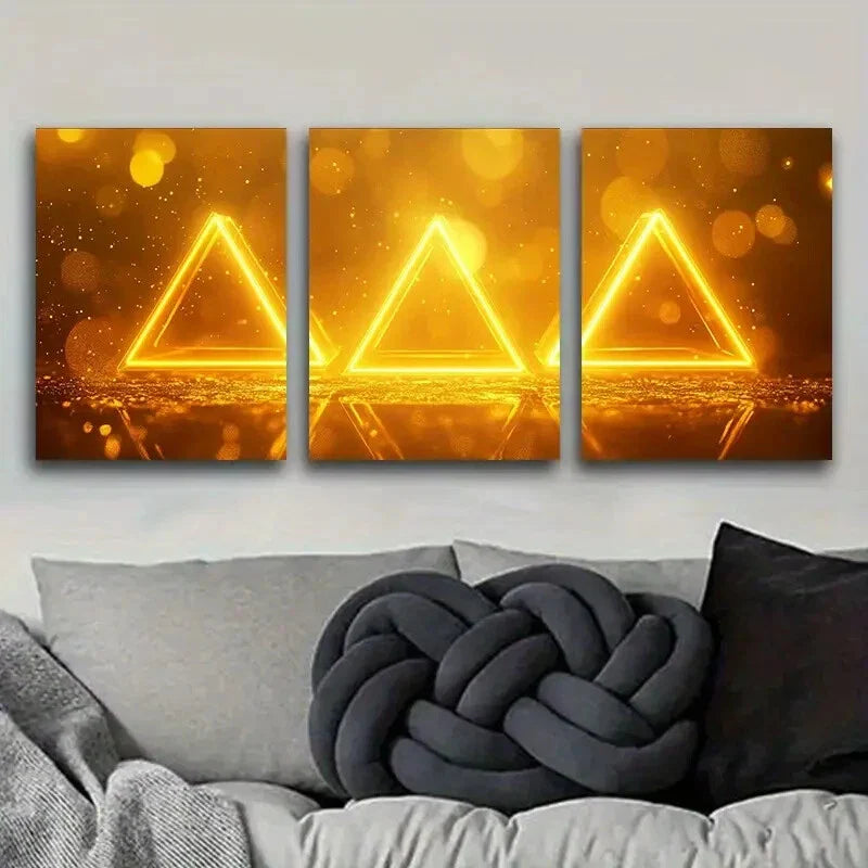 3pcs  Glowing Yellow Triangle Design Metal Print Ready to Hang Art