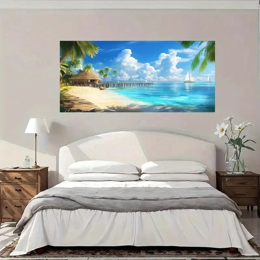 Tropical Beach Trees Overwater Wall Art Canvas Office Home Room Framed 80x45cm