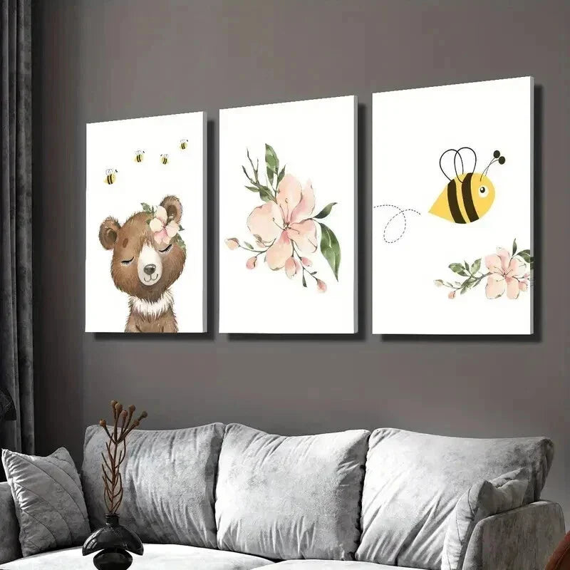 3pcs Cartoon Bee Flower And Bear Decoration Wall Art Set Canvas Framed 40x60cm - High Quality Print 100% Australian Made Wall Canvas Ready to Hang