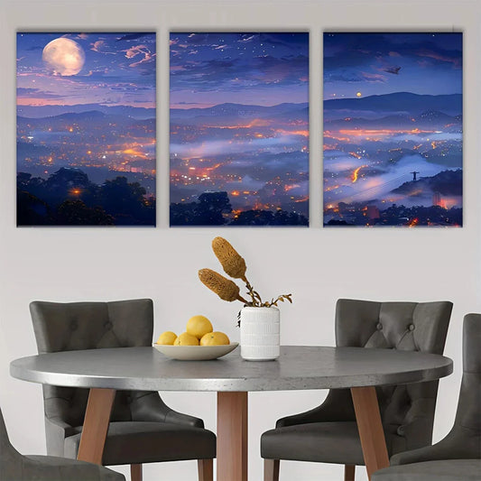 3pcs Moonlit Town Nature Colorful Metal Print Ready to Hang Art