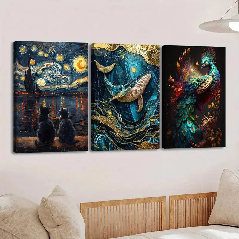 3pcs Vibrant Animal Moon Cat Scene Peacock Fish Wall Art Set Canvas Framed 40x60cm - High Quality Print 100% Australian Made Wall Canvas Ready to Hang