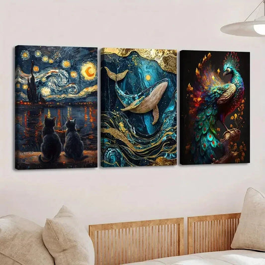 3pcs Vibrant Animal Moon Cat Scene Peacock Fish Wall Art Set Canvas Framed 40x60cm - High Quality Print 100% Australian Made Wall Canvas Ready to Hang