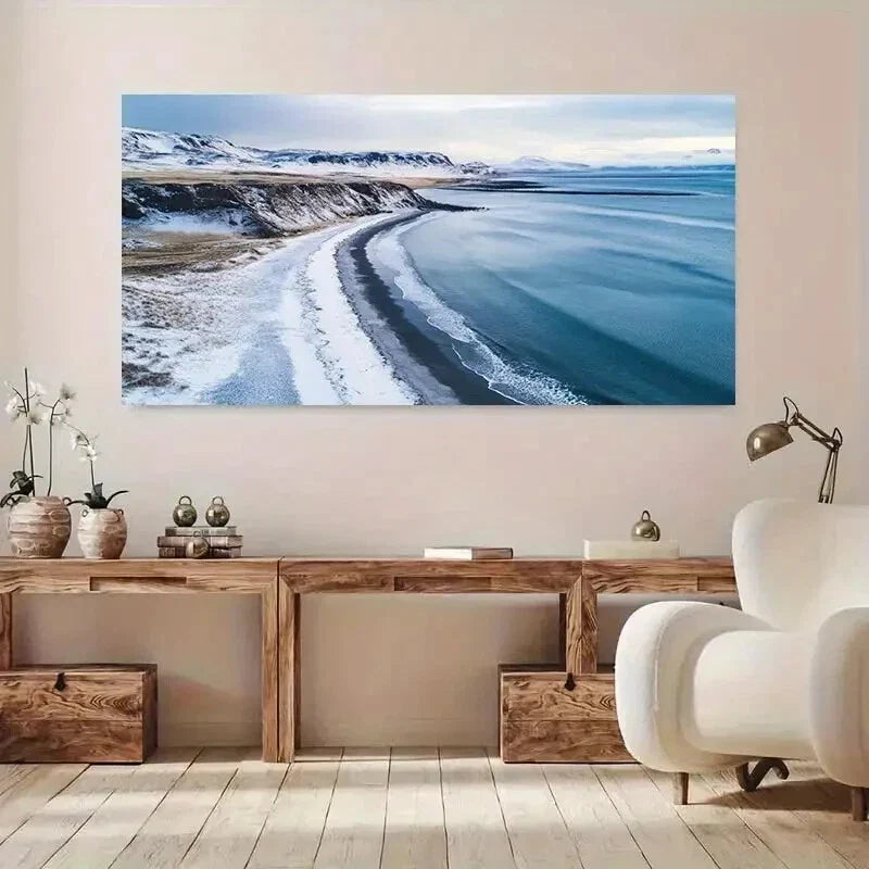 View of Arctic Calm Beach wall canvas office home room framed 120x60cm