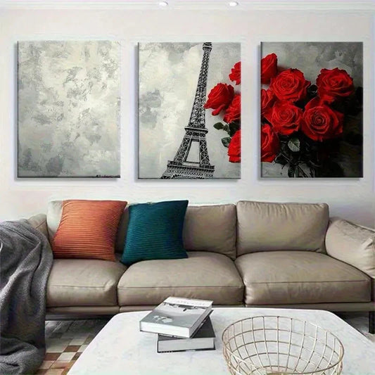 3pcs Red Roses Floral Paris Photography Metal Print Ready to Hang Art