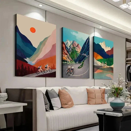 3pcs Vibrant Cycling Couple Scenic Landscape Wall Art Set Canvas Framed 40x60cm - High Quality Print 100% Australian Made Wall Canvas Ready to Hang