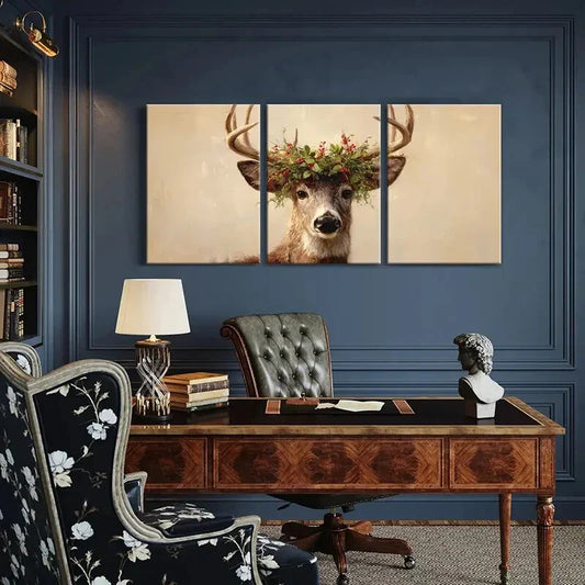 3pcs Deer Portrait Floral Crown Nature Inspired Metal Print Ready to Hang Art