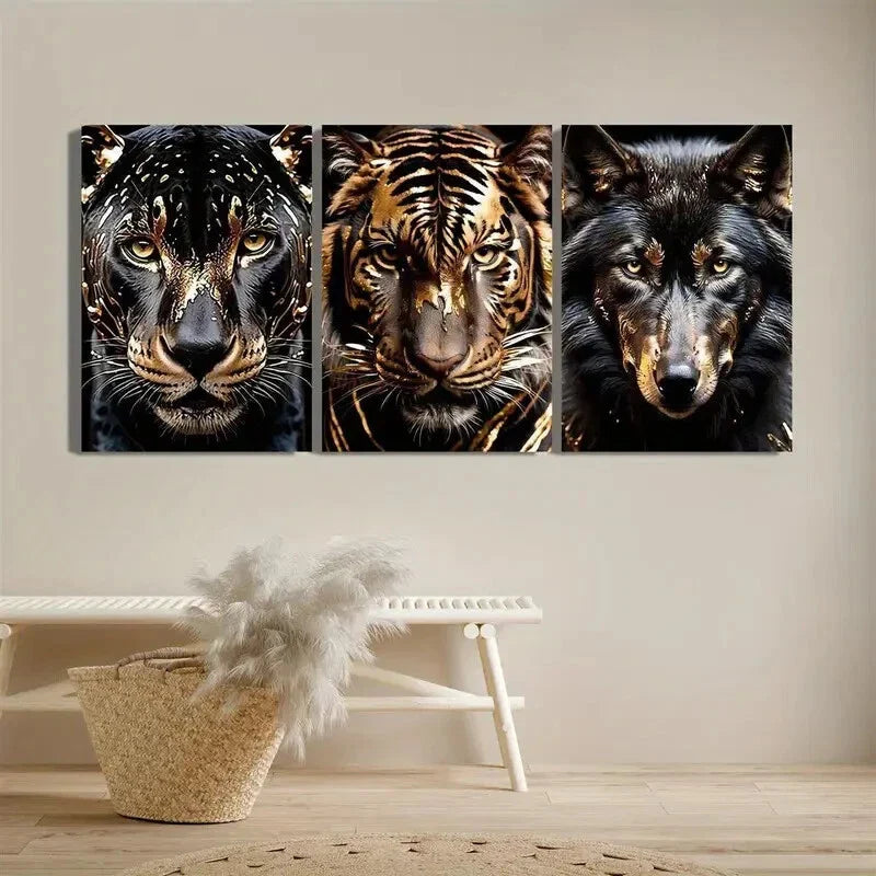 3pcs Black Golden Abstract Cheetah Tiger Wolf Metal Print Ready to Hang Art