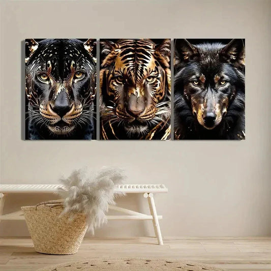 3pcs Black Golden Abstract Cheetah Tiger Wolf Metal Print Ready to Hang Art