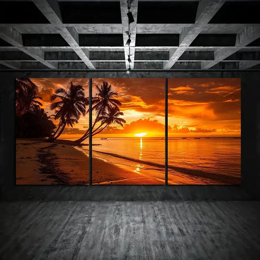 3pcs A Sunset on The Beach with Palm Trees Metal Print Ready to Hang Art