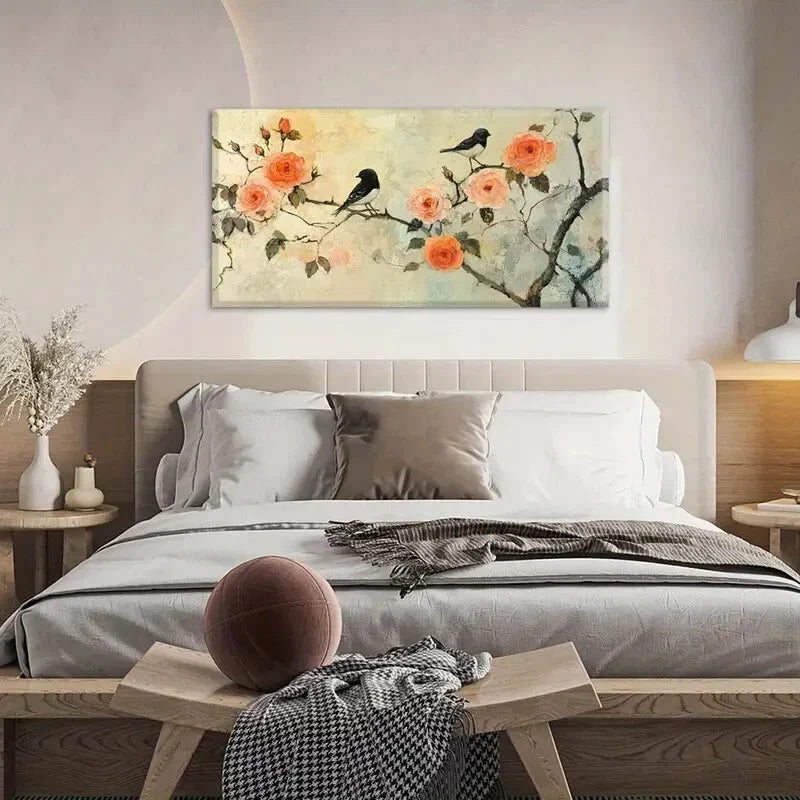 Roses & Birds Floral and Avian Wall Art Canvas Office Home Room Framed 120x60cm