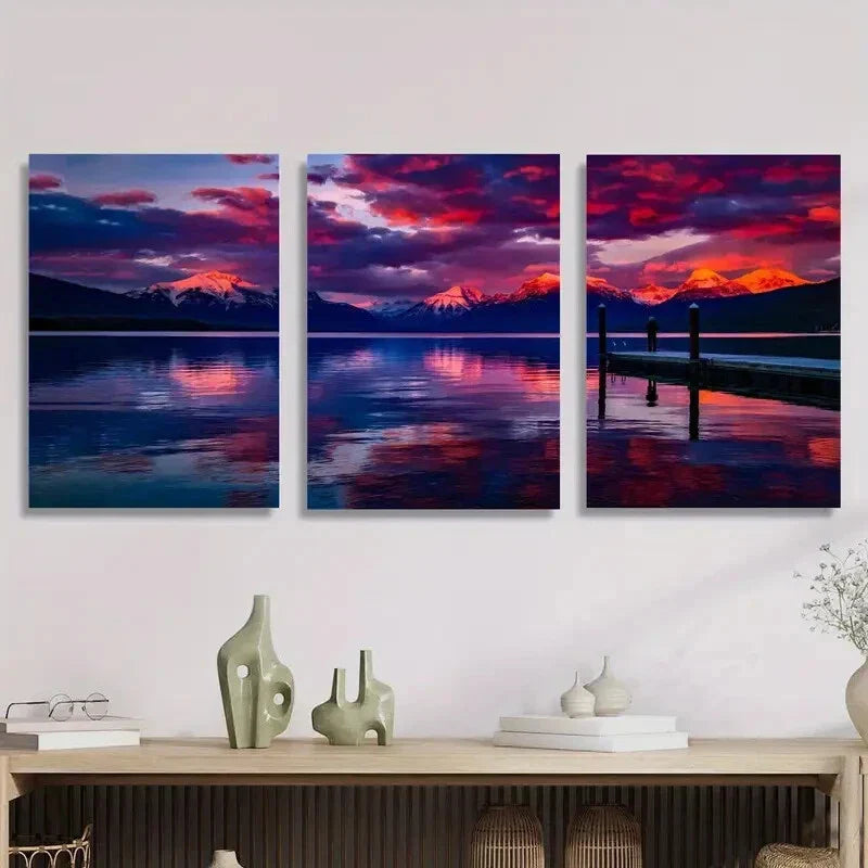 3pcs he lake and snow-capped mountains Metal Print Ready to Hang Art