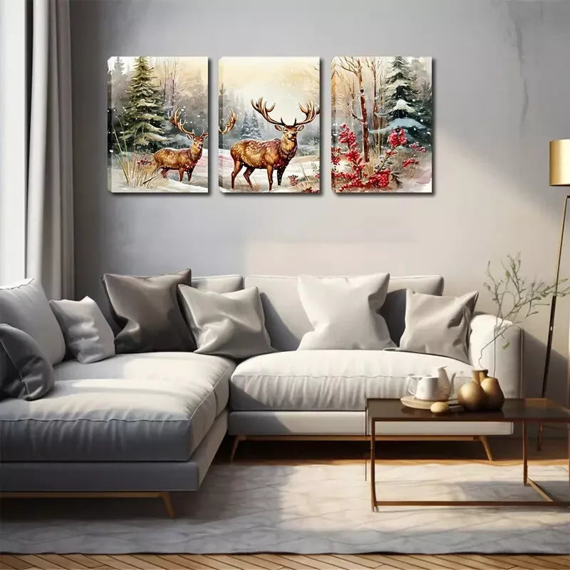 3pcs Moose in Snow Triptych   Wall Art Set Canvas Framed 40x60cm - High Quality Print 100% Australian Made Wall Canvas Ready to Hang